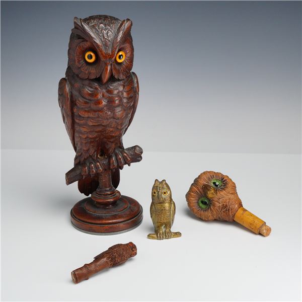4pc Owl Themed Figurines, Jewelry Box, and Cane Handle