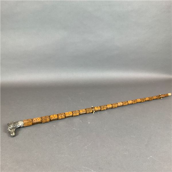 Carved Wood Cane with Dominoes and Metal Horse and Dog Head Handle
