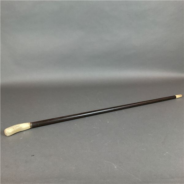 Maritime Bone and Wood Cane with Carved Whale Handle
