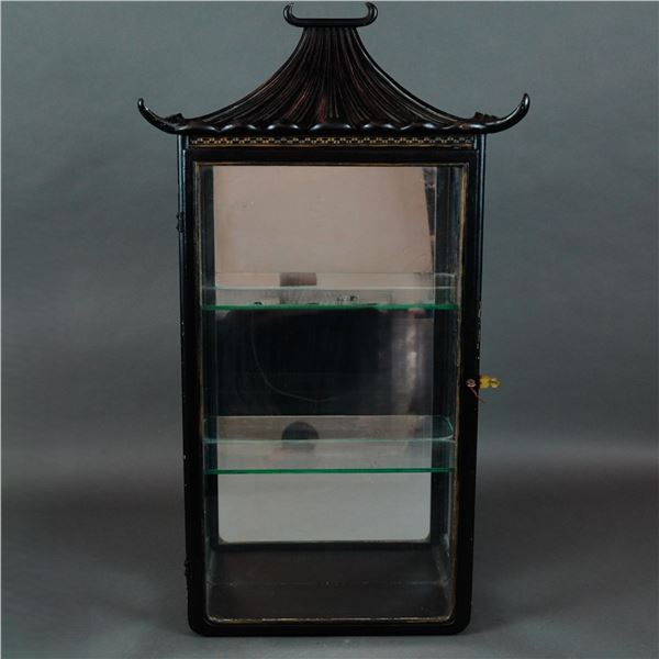 Chinoiserie Black Lacquered Pagoda-Top Wall Vitrine with Mirror Back