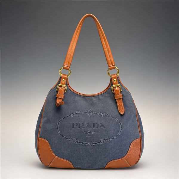 Prada Logo Jacquard Canvas and Leather Shoulder Bag