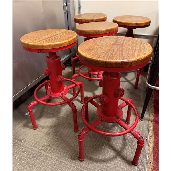 Qty 5 Bar Stools w/ Fire Hydrant Bases, Footrests & Wooden Seats 13" Dia, 29"H
