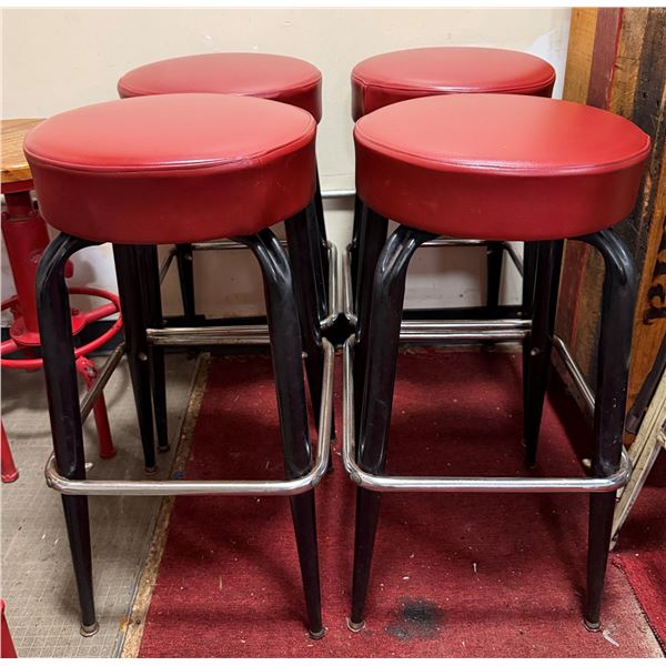 Qty 4 Bar Stools w/ Footrests & Red Upholstered Seats 14" Dia, 28"H