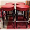 Image 1 : Qty 4 Bar Stools w/ Footrests & Red Upholstered Seats 14" Dia, 28"H