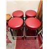 Image 2 : Qty 4 Bar Stools w/ Footrests & Red Upholstered Seats 14" Dia, 28"H