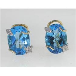 14K Yellow Gold Diamond, Blue Topaz Earring