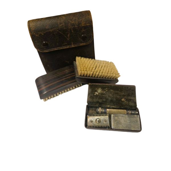 #22 ANTIQUE SHOE BRUSHES AND ANTIQUE RAZOR IN