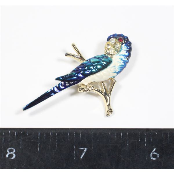 VINTAGE BLUE AND WHITE ENAMEL PARROT BROOCH