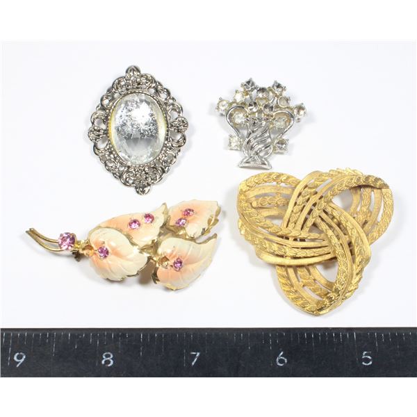 LOT OF 4 BROOCHES: ONE MISSING SOME RHINESTONES