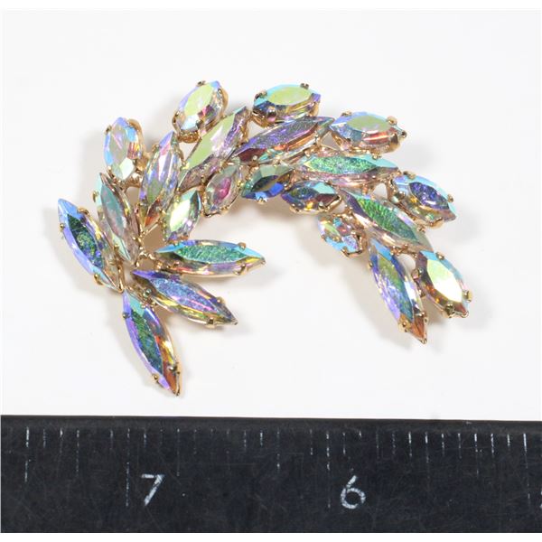 VINTAGE IRIDESCENT RHINESTONE LEAF DESIGN BROOCH