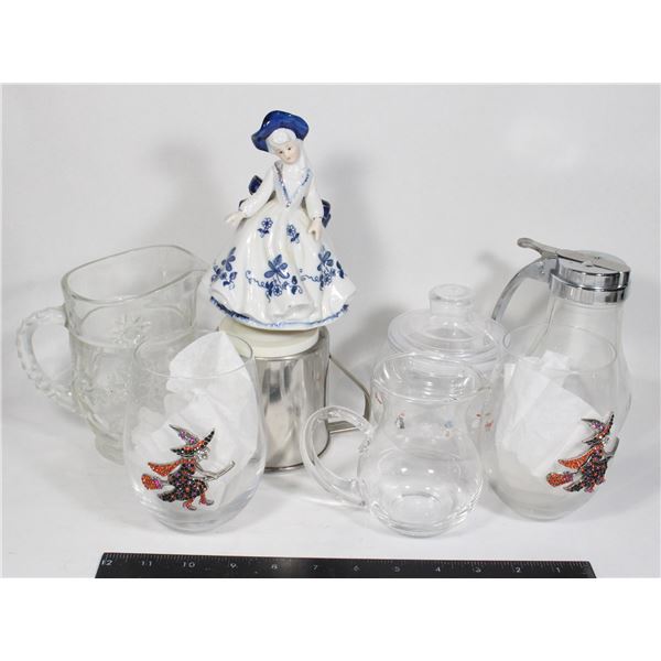 CERAMIC FIGURE, GLASS CUPS, SYRUP JAR