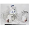 Image 1 : CERAMIC FIGURE, GLASS CUPS, SYRUP JAR