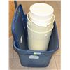 Image 1 : SEVERAL BUCKETS WITH LIDS IN BLUE TOTE WITH LID