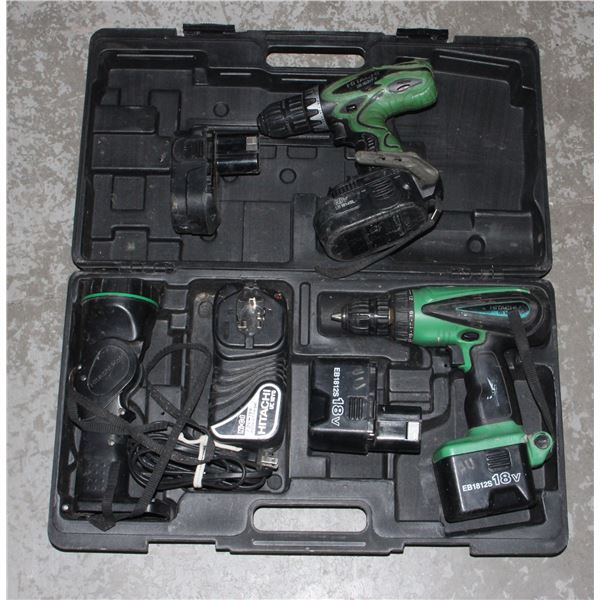 TWO HITACHI DRILLS, LIGHT, WITH CHARGER AND CASE