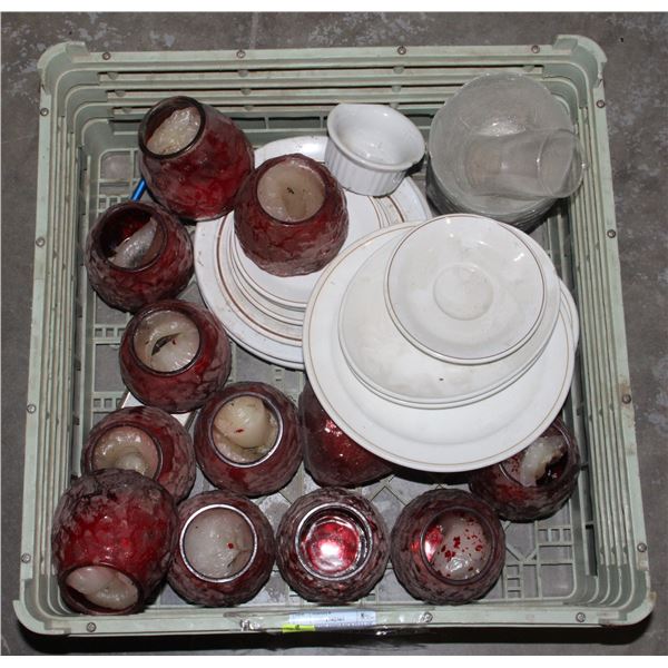 COMMERCIAL DISH RACK FULL OF CANDLE HOLDERS