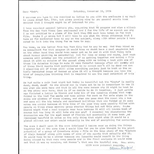 Gangster Alvin Karpis Typed Letter