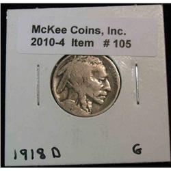 105. 1918 D Buffalo Nickel. G-4.