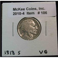 106. 1918 S Buffalo Nickel. VG-8.