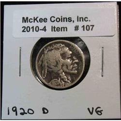 107. 1920 D Buffalo Nickel. VG-8.
