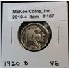 107. 1920 D Buffalo Nickel. VG-8.