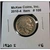 108. 1920 S Buffalo Nickel. VG-8.