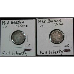 131. 1913 P & 14 P Barber Dimes. VF 20.
