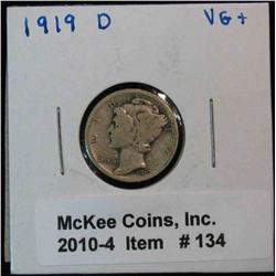 134. 1919 D Mercury Dime. VG+