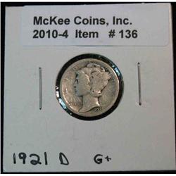 136. 1921 D Mercury Dime. G-4.
