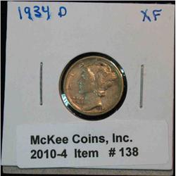 138. 1934 D Mercury Dime. EF 40.