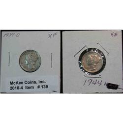 139. 1939 D & 44P Mercury Dime. EF 40.