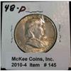 145. 1948 D Franklin Half Dollar. Toned AU.
