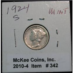 342. 1924 S Mercury Dime. VF-EF. Redbook $45 in EF.