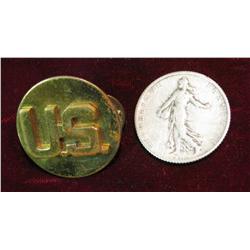 393. "U.S." Military Collar Pin & 1918 WW I France Silver Franc.
