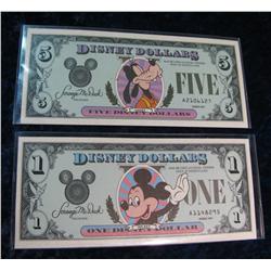 452. $1 & $5 Disney Dollars signed by Scrooge McDuck. CU.