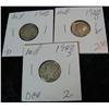 491. 1942 P, D, & S Mercury Dimes. VF-EF.