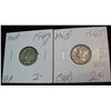 493. 1943 S & 45 P Mercury Dimes. VF-EF.