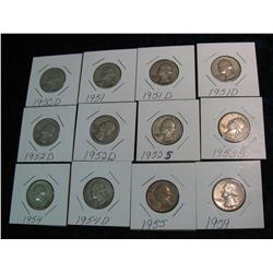 612. (12) 1950-59 Silver Washington Quarters. VG-EF