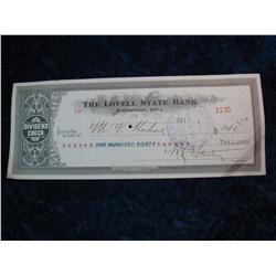 818. 1918 The Lovell State Bank Dividend Check, Monticello, Iowa.