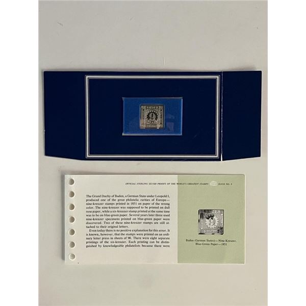 Franklin Mint Sterling Silver 1851 German Stamp Plaque Badge Worlds Greatest Stamps Issue NO 9