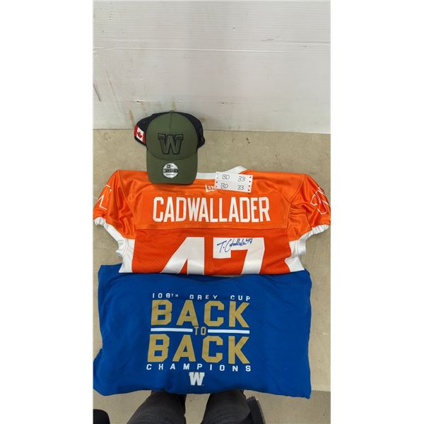 Winnipeg Blue Bombers Warm-Up Used By Tanner Cadwallader. Autographed, Men's XL & Military Snap
