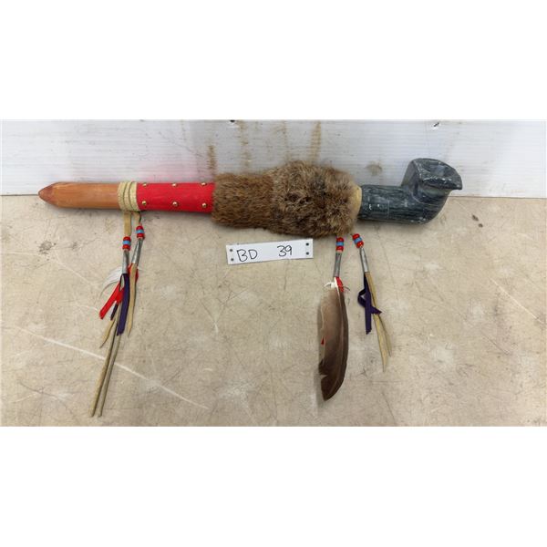 Vintage First Nations Soapstone Bowl Peace Pipe, 21" Long, Fur, Buckskin, Feather Decorated