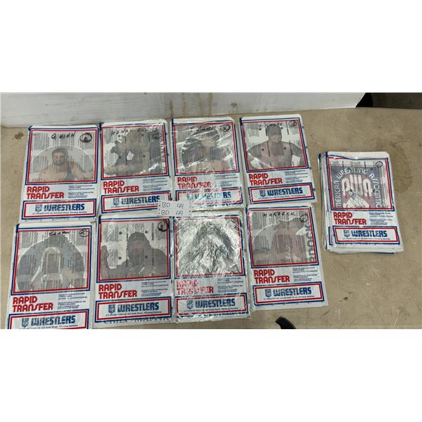 Vintage AWA Wrestling Iron-On Transfers in Original Bags: Anore the Giant, Ric Flair, Mad Dog, AWA