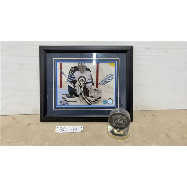 Winnipeg Jets Mark Scheifele Signed Puck and Ondrej, Pavelec Autographed Framed Photo With COA