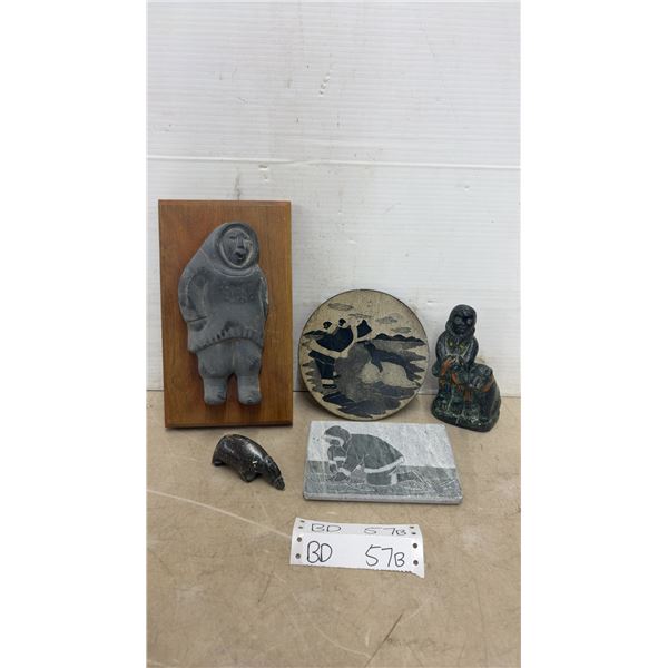 Vintage First Nations Inuit Lot: Soapstone Polar Bear, Soapstone Scratch Carved Wall Hanging