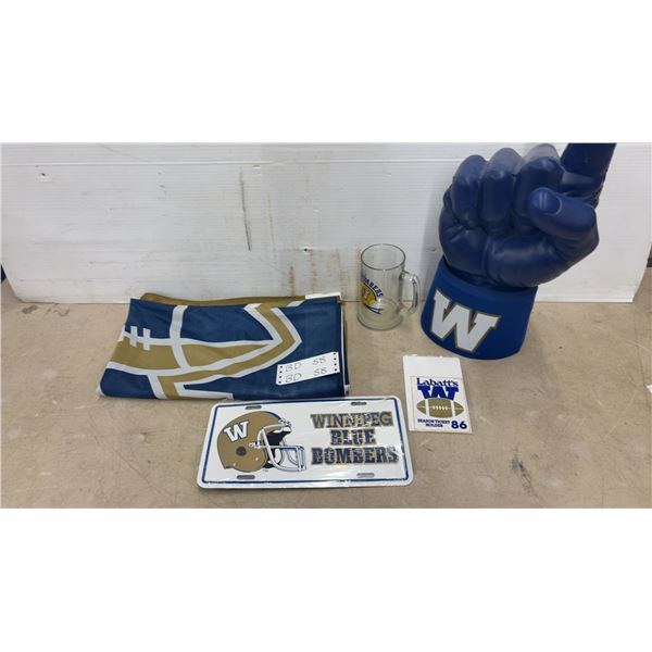 Winnipeg Blue Bombers Lot: Large Foam Finger, Vintage Metal License Plate, Mug, Full Size Flag