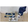 Image 1 : Winnipeg Blue Bombers Lot: Large Foam Finger, Vintage Metal License Plate, Mug, Full Size Flag