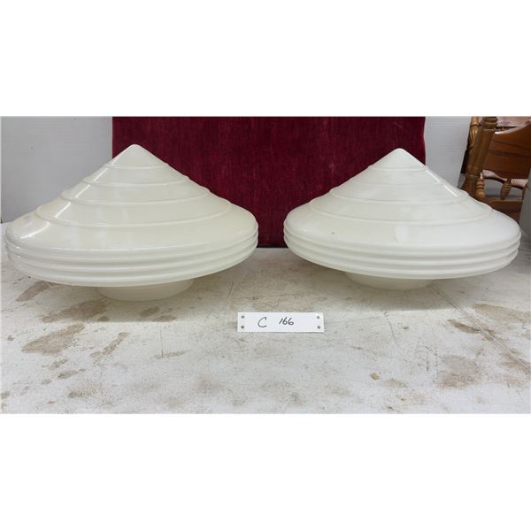 Pair of Art Deco Stepped Ribbed Milk Glass Ceiling Light Shades