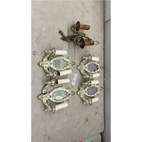 Four Vintage Rococo Revival Style Mirrored Wall Sconces and One Brass Two-Light Sconce