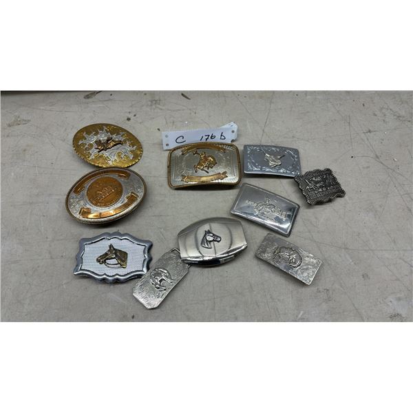 Collection of Western Belt Buckles Including Hesston National Finals Rodeo and More