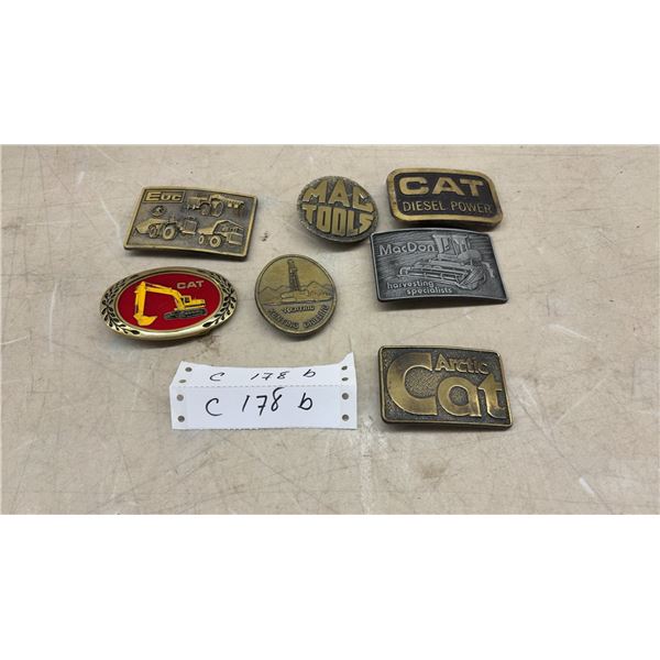 Collection of Seven Vintage Advertising Belt Buckles, CAT, Mac Tools, MacDon, and More